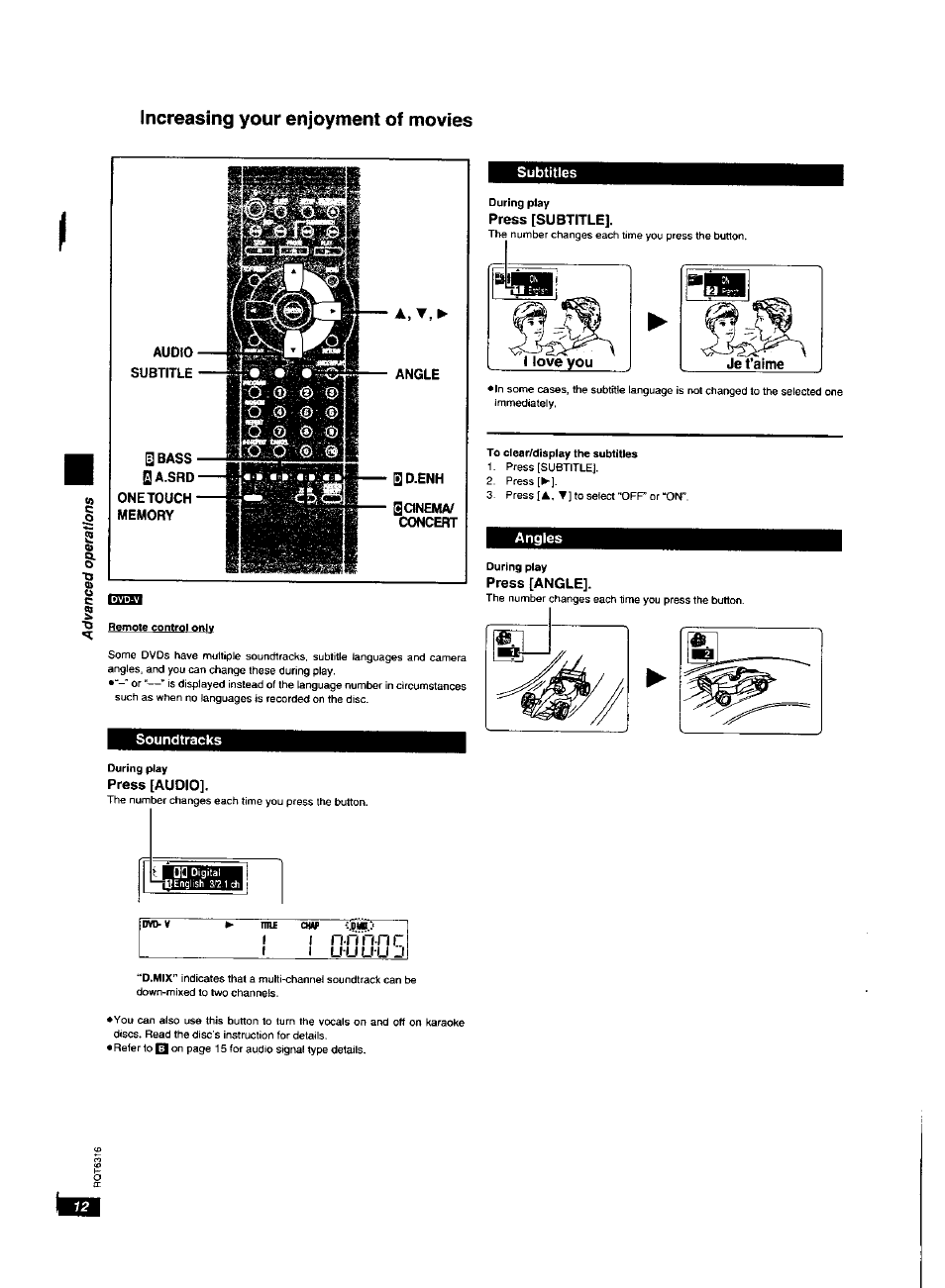 Increasing your enjoyment of movies, Audio, Subtitle | Angle, Q d.enh, Qanema, Concert, Angles, Subtitles angles | Panasonic DVDXV10 User Manual | Page 12 / 20