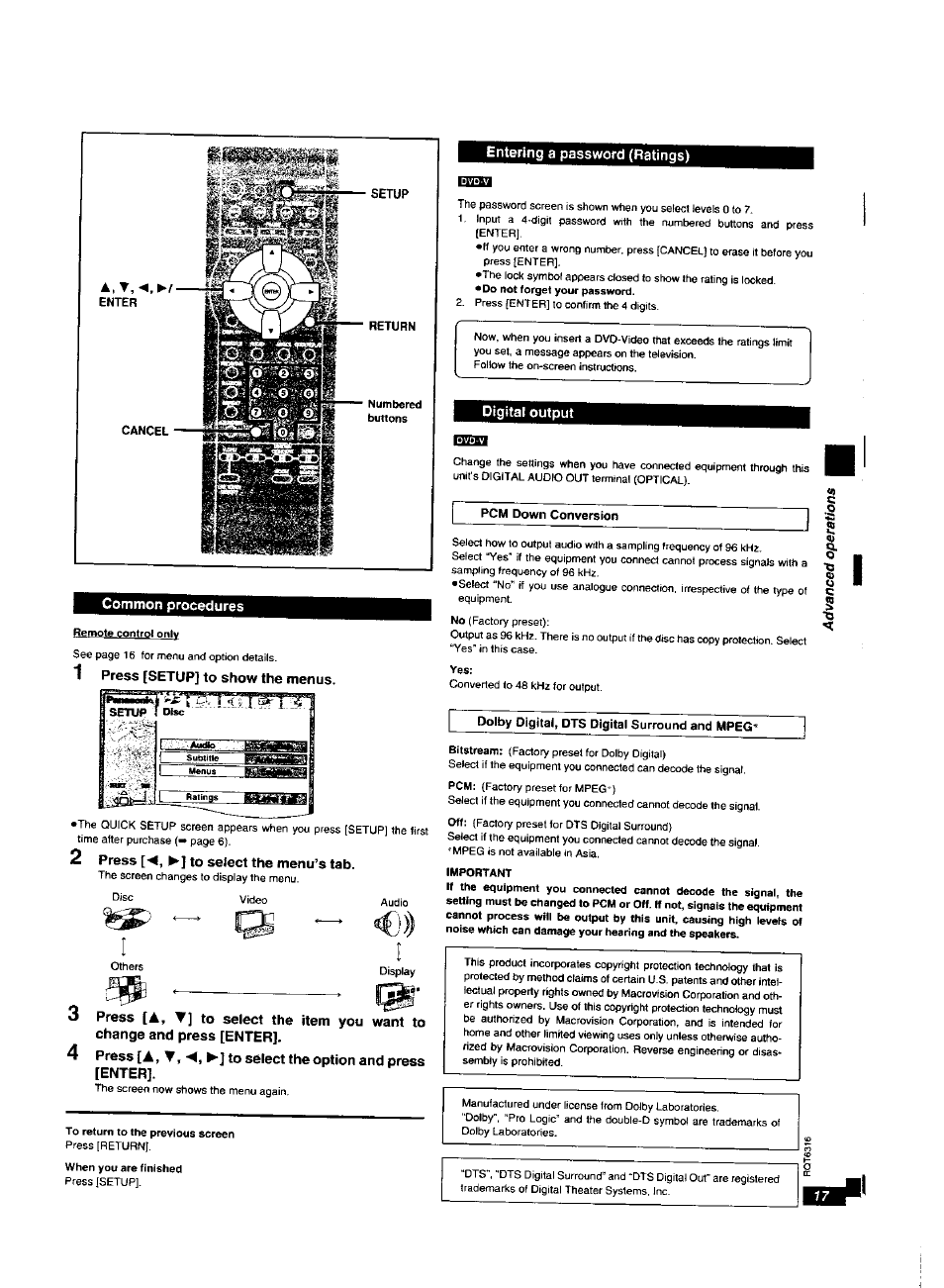 Common procedures, 1 press [setup] to show the menus, 2 press [^, ^] to select the menu’s tab | Entering a password (ratings), Digital output, Entering a password (ratings) digital output | Panasonic DVDXV10 User Manual | Page 17 / 20