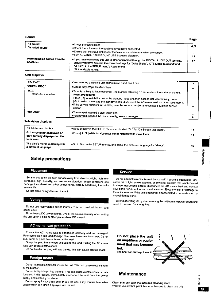 Safety precautions, Placement, Voltage | Ac mains lead protection, Foreign matter, Maintenance, Check msc | Panasonic DVDXV10 User Manual | Page 19 / 20