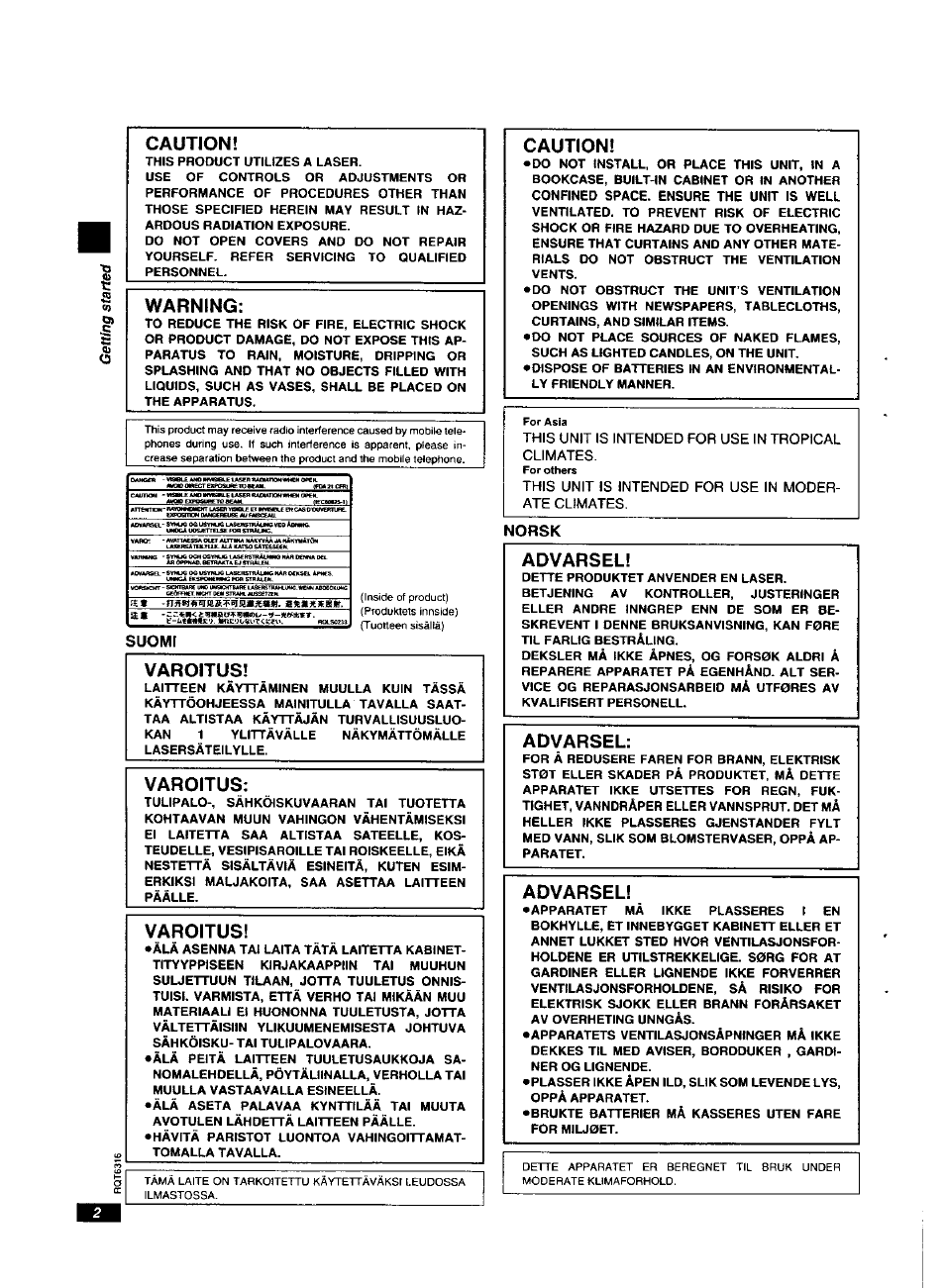 Caution, Warning, Varoitus | Advarsel, Suomi, This unit is intended for use in tropical climates | Panasonic DVDXV10 User Manual | Page 2 / 20