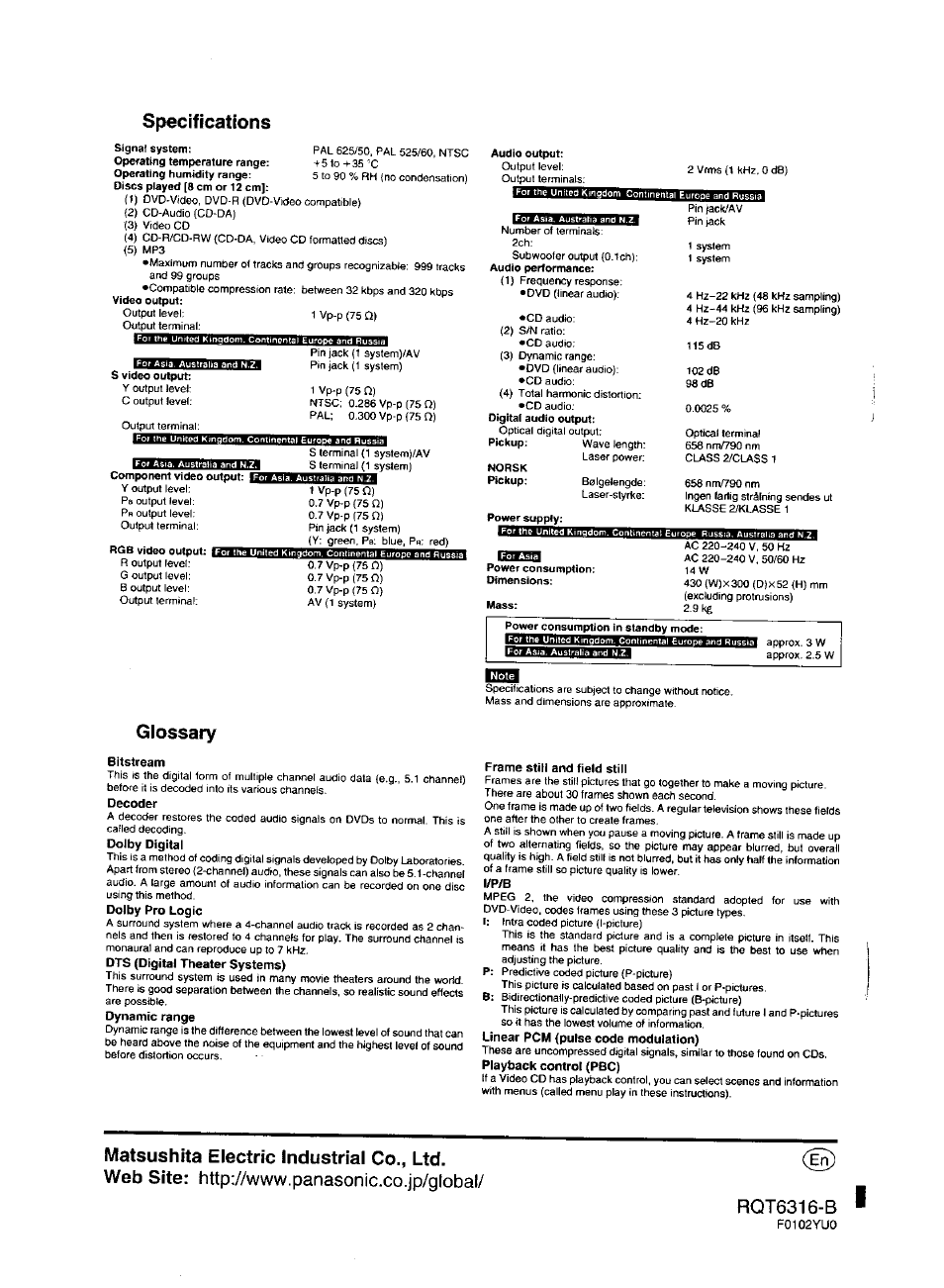 Specifications, Glossary, Matsushita electric industrial co., ltd | Web site: http://www.panasonic.co.jp/global, Matsushita electric industrial co., ltd. web site | Panasonic DVDXV10 User Manual | Page 20 / 20