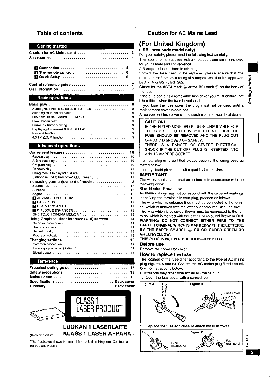 For united kingdom), Table of contents caution for ac mains lead, Luokan 1 laserlaite klass 1 laser apparat | Panasonic DVDXV10 User Manual | Page 3 / 20