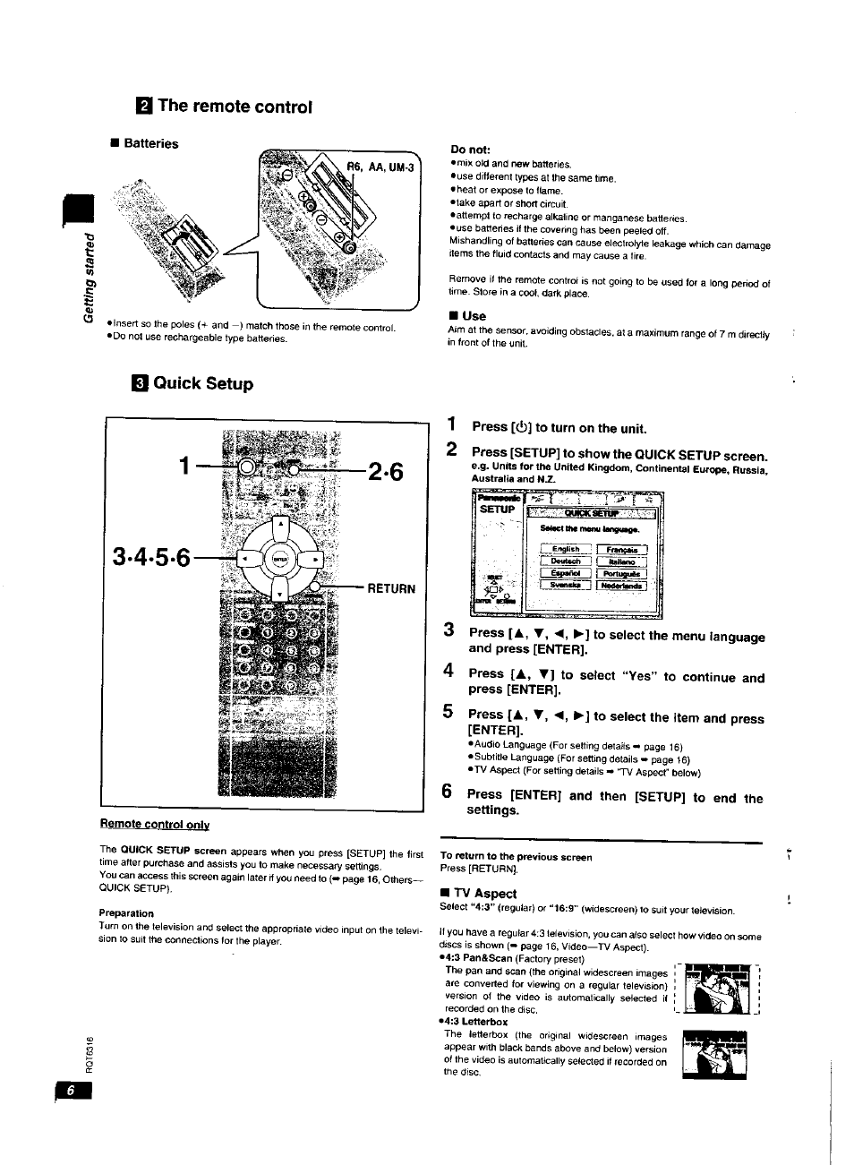 The remote control, Quick setup, Press (d)] to turn on the unit | Press ►] to select the menu language, Press [enter] and then [setup] to end the settings, Tv aspect, Q the remote control | Panasonic DVDXV10 User Manual | Page 6 / 20