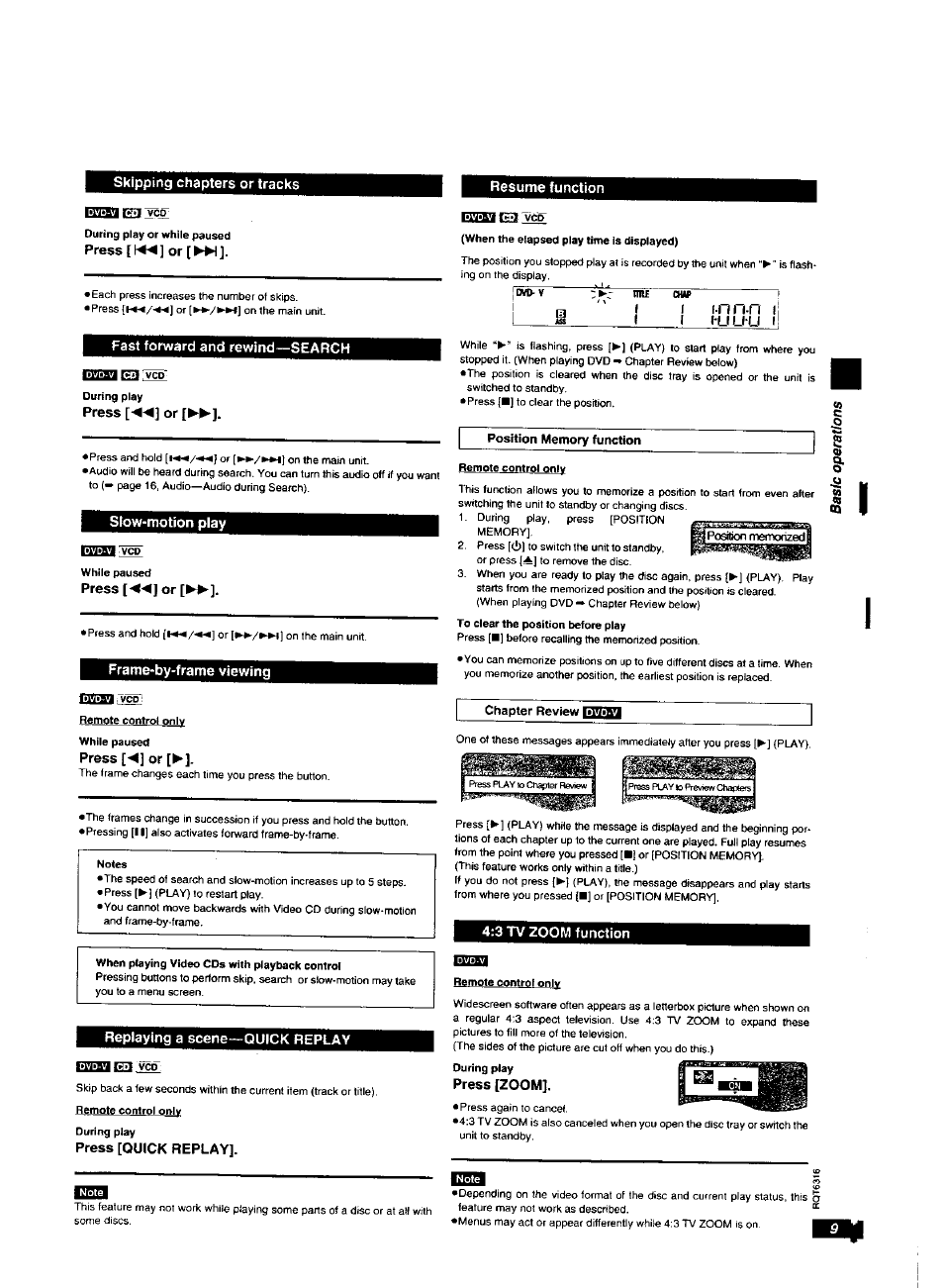Fast forward and rewind—search, Еи!ше35, Slow-motion play | Frame-by-frame viewing, Replaying a scene—quick replay, Iiw»mc;n vcd, 3 tv zoom function, Ees s | Panasonic DVDXV10 User Manual | Page 9 / 20