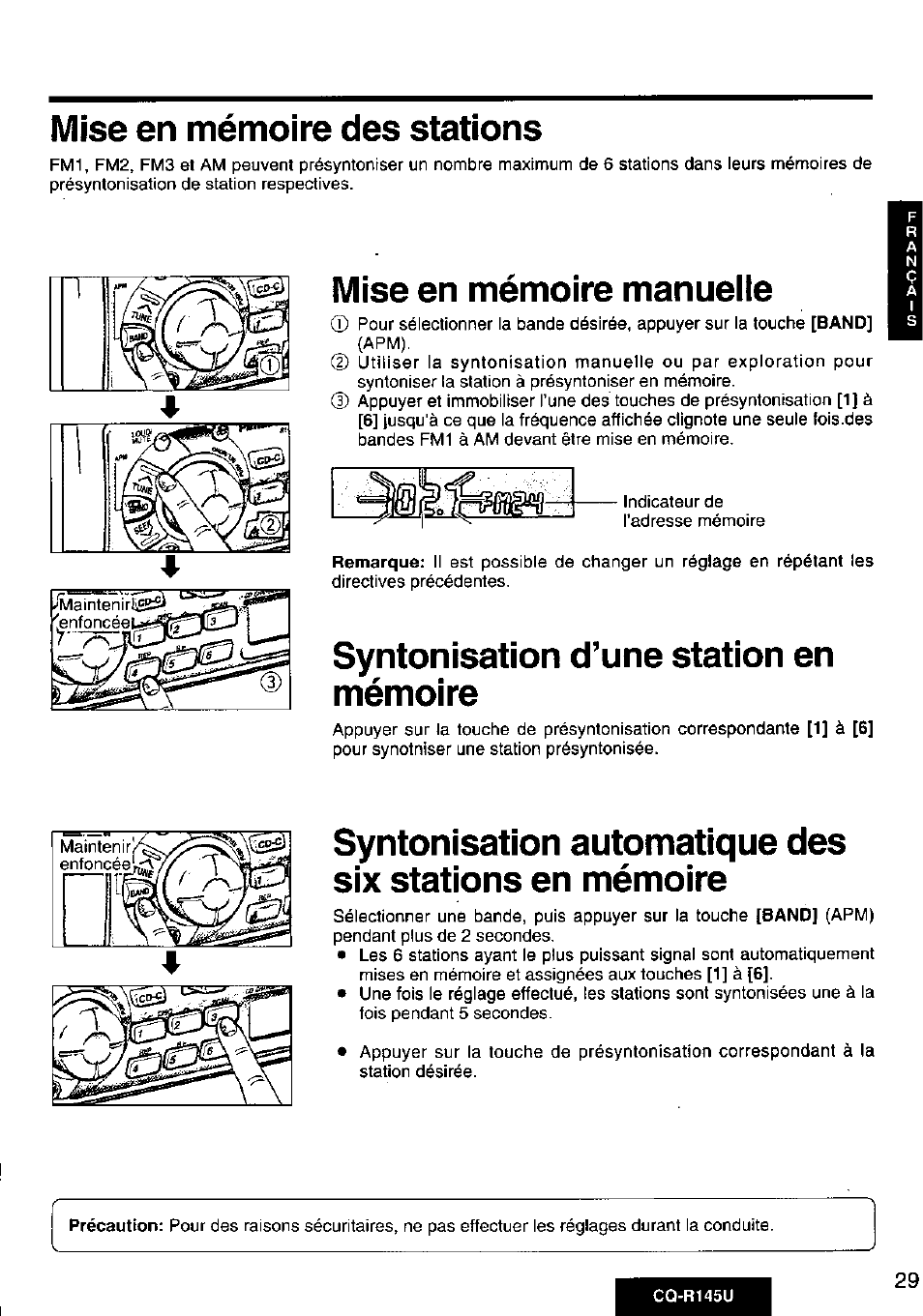 Mise en mémoire des stations, Mise en mémoire manueiie, Syntonisation d’une station en mémoire | Panasonic CQ-R145U User Manual | Page 29 / 64