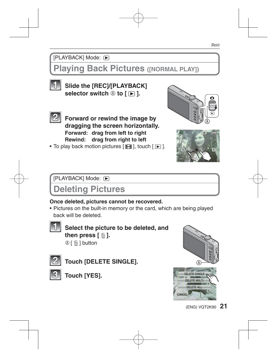 Playing back pictures, Deleting pictures | Panasonic DMC-FH22 User Manual | Page 21 / 34
