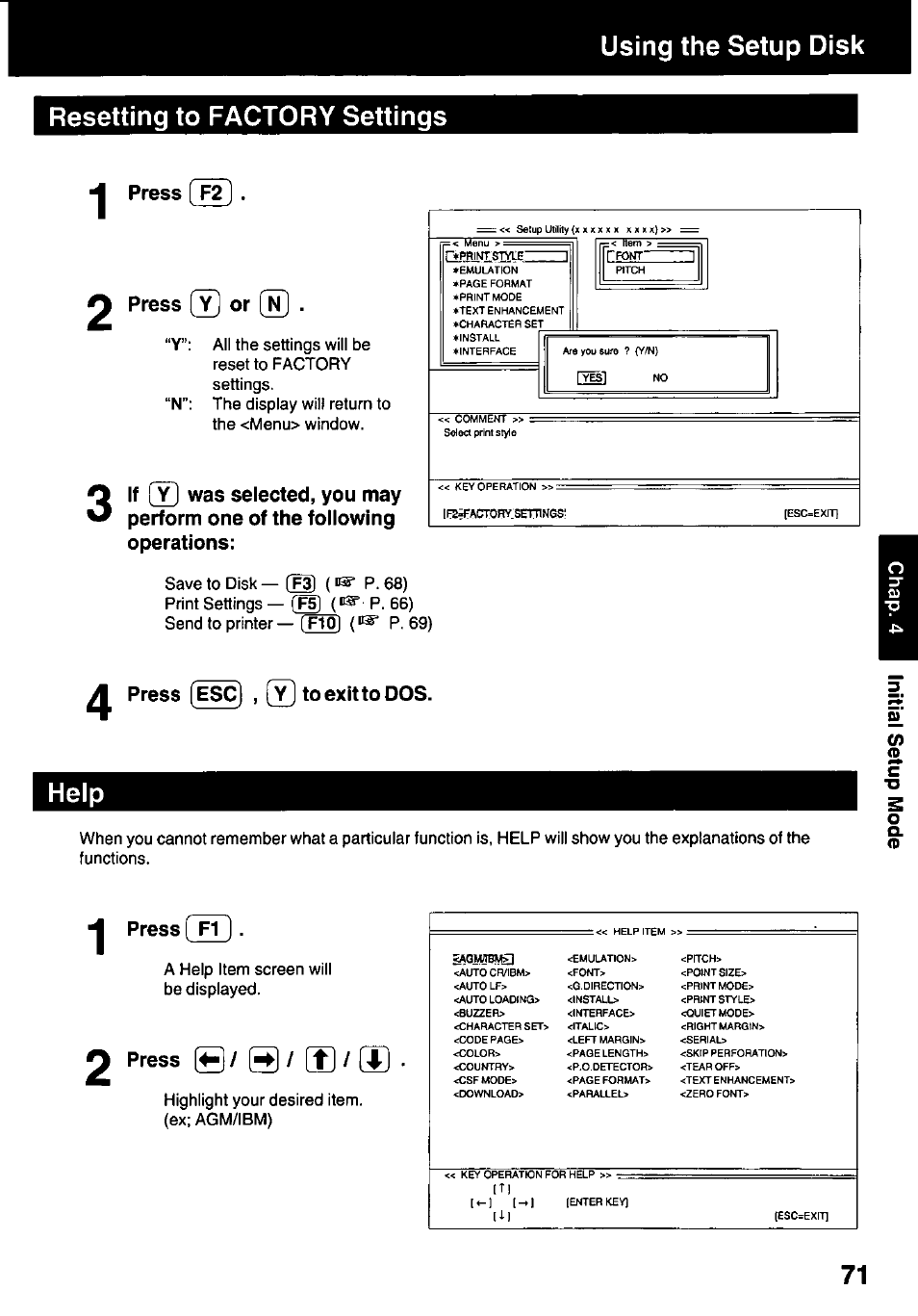 Resetting to factory settings, Press, Press ® o | Press (esc) , (y1 to exit to dos, Help, Press [ f1, 2 press @/ @ / [t] / g, Using the setup disk resetting to factory settings, Press . press ® o, Prjniswle | Panasonic KX-P3123 User Manual | Page 71 / 116