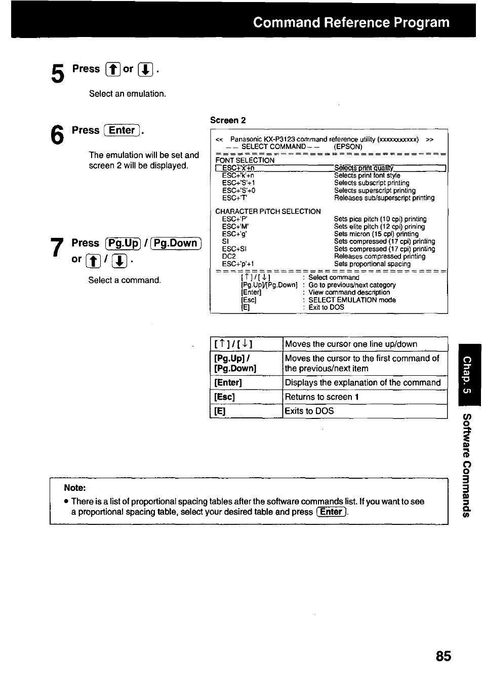 C press [t]or u, Command reference program, Press [ enter | Press [pg.up] /[pg.down), Note | Panasonic KX-P3123 User Manual | Page 85 / 116