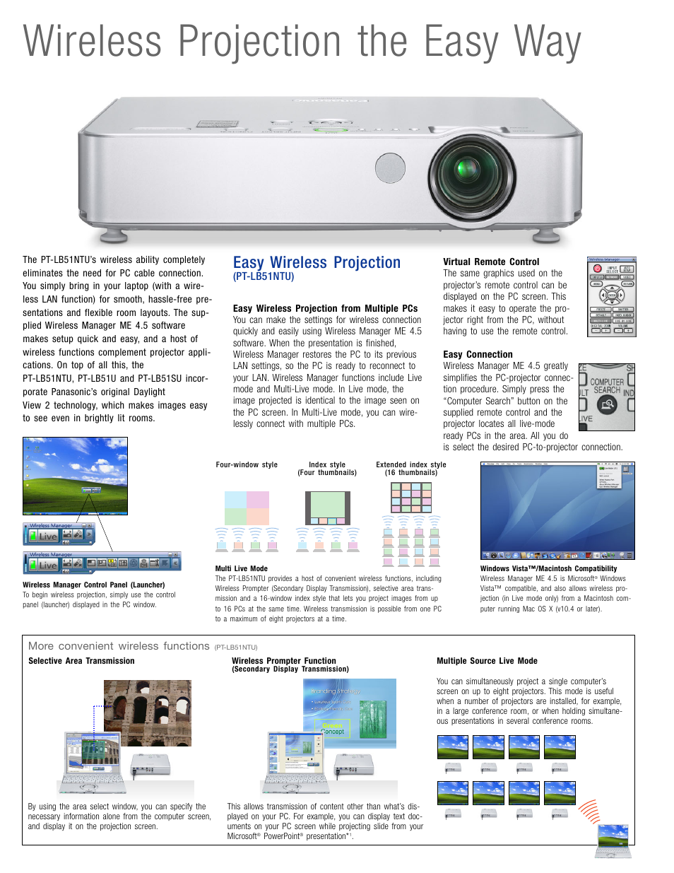 Wireless projection the easy way, Easy wireless projection | Panasonic PT-LB51 Series User Manual | Page 2 / 4