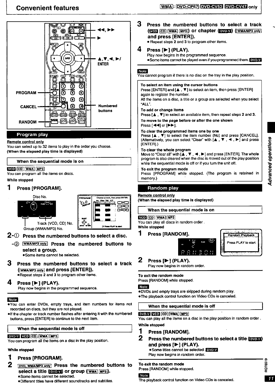 Program play, 1 press [program, (d press the numbered buttons to select a disc | 4 press [►] (play), 3 press the numbered buttons to select a track, Random play, 1 press [random, 2 press [►] (play), Program play random play, Convenient features | Panasonic dvd-cp67 User Manual | Page 11 / 24