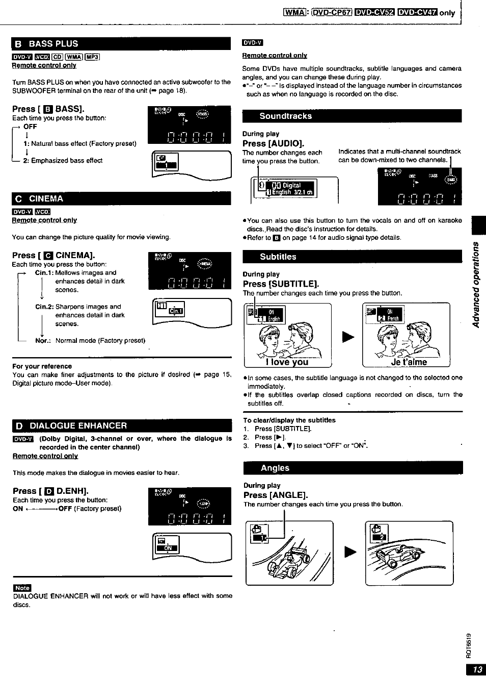 B bass plus, Press [ □ bass, C cinema | Press [ b cinema, Soundtracks, Subtitles, D dialogue enhancer, Press [bd.enh, Angles, Obass plus □ cinema □ dialogue enhancer | Panasonic dvd-cp67 User Manual | Page 13 / 24