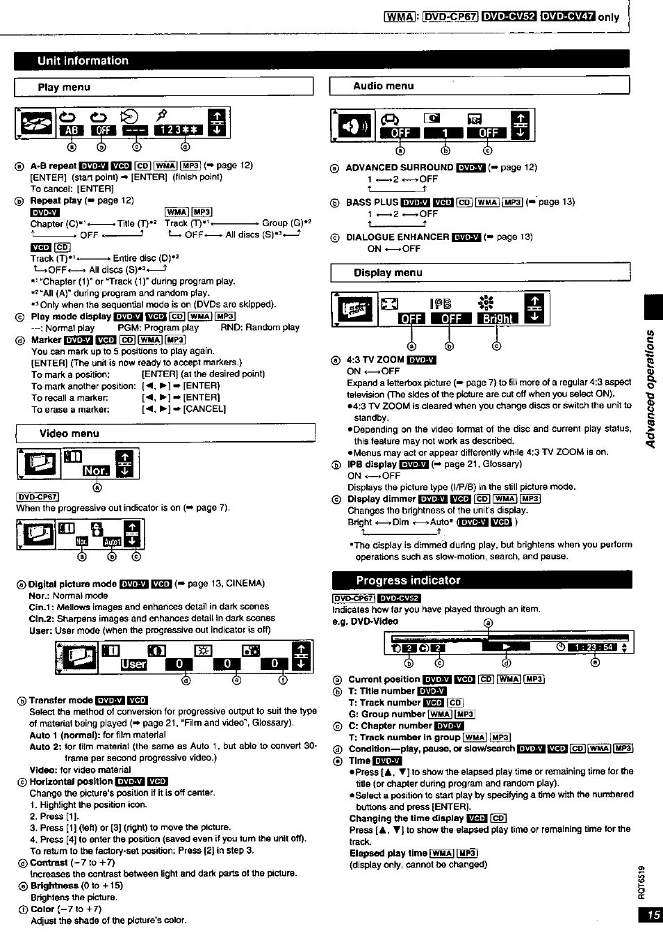 Unit information, Off i bright i, T)oob | Disc information | Panasonic dvd-cp67 User Manual | Page 15 / 24