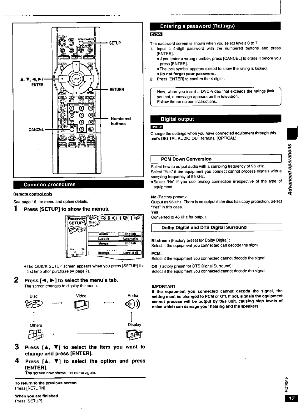 1 press [setup] to show the menus, Entering a password (ratings), Digital output | Entering a password (ratings) digital output | Panasonic dvd-cp67 User Manual | Page 17 / 24