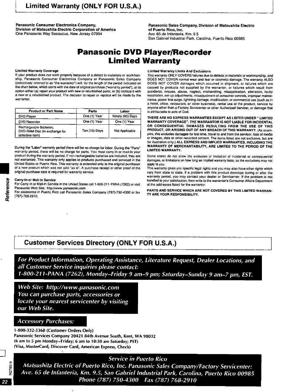 Panasonic dvd player/recorder limited warranty, Limited warranty (only for u.s.a.), Customer services directory (only for u.s.a.) | Accessory purchases | Panasonic dvd-cp67 User Manual | Page 22 / 24