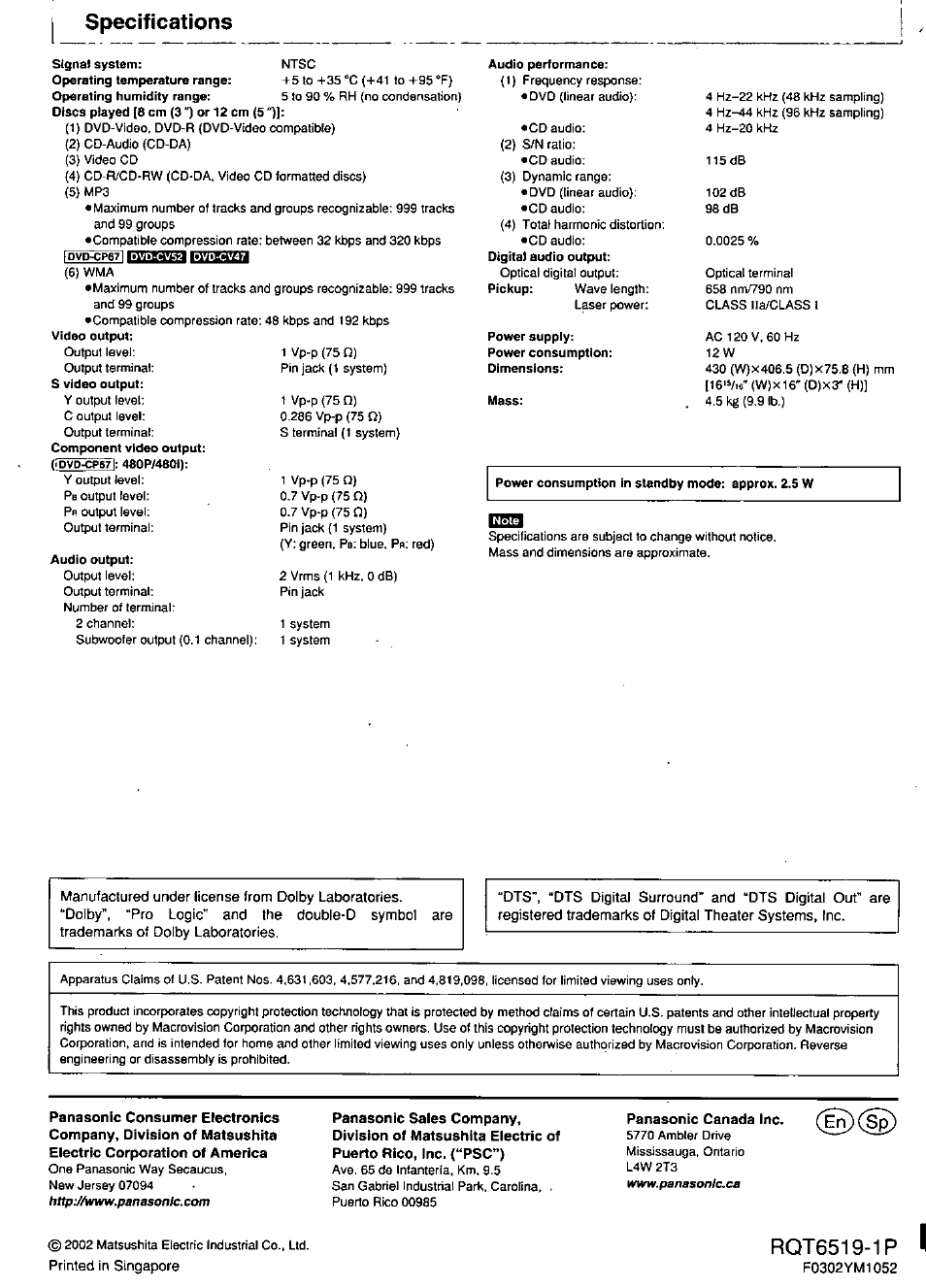 Rqt6519-1p, Specifications | Panasonic dvd-cp67 User Manual | Page 24 / 24