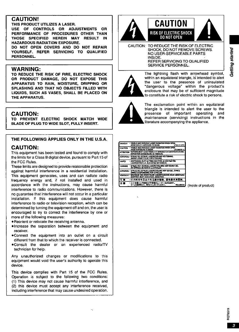 The following applies only in the u.s.a, Caution | Panasonic dvd-cp67 User Manual | Page 3 / 24