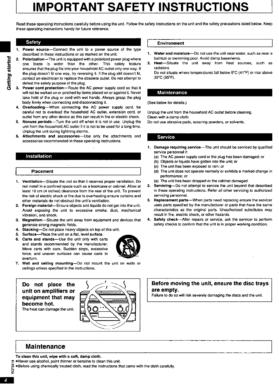 Safety, Installation, Maintenance | Service, Important safety instructions | Panasonic dvd-cp67 User Manual | Page 4 / 24