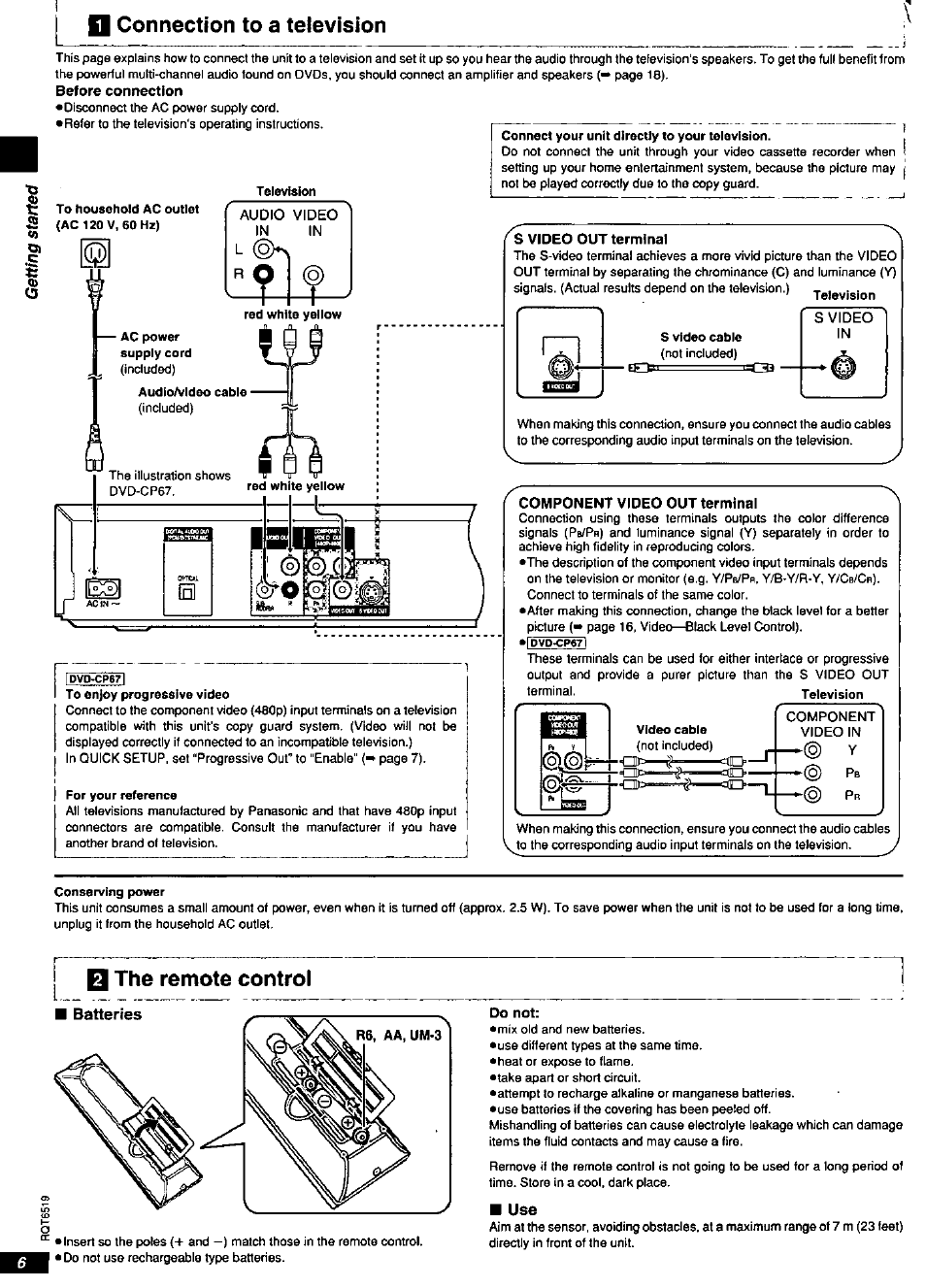 Batteries, Connection to a television, Q the remote control | Panasonic dvd-cp67 User Manual | Page 6 / 24