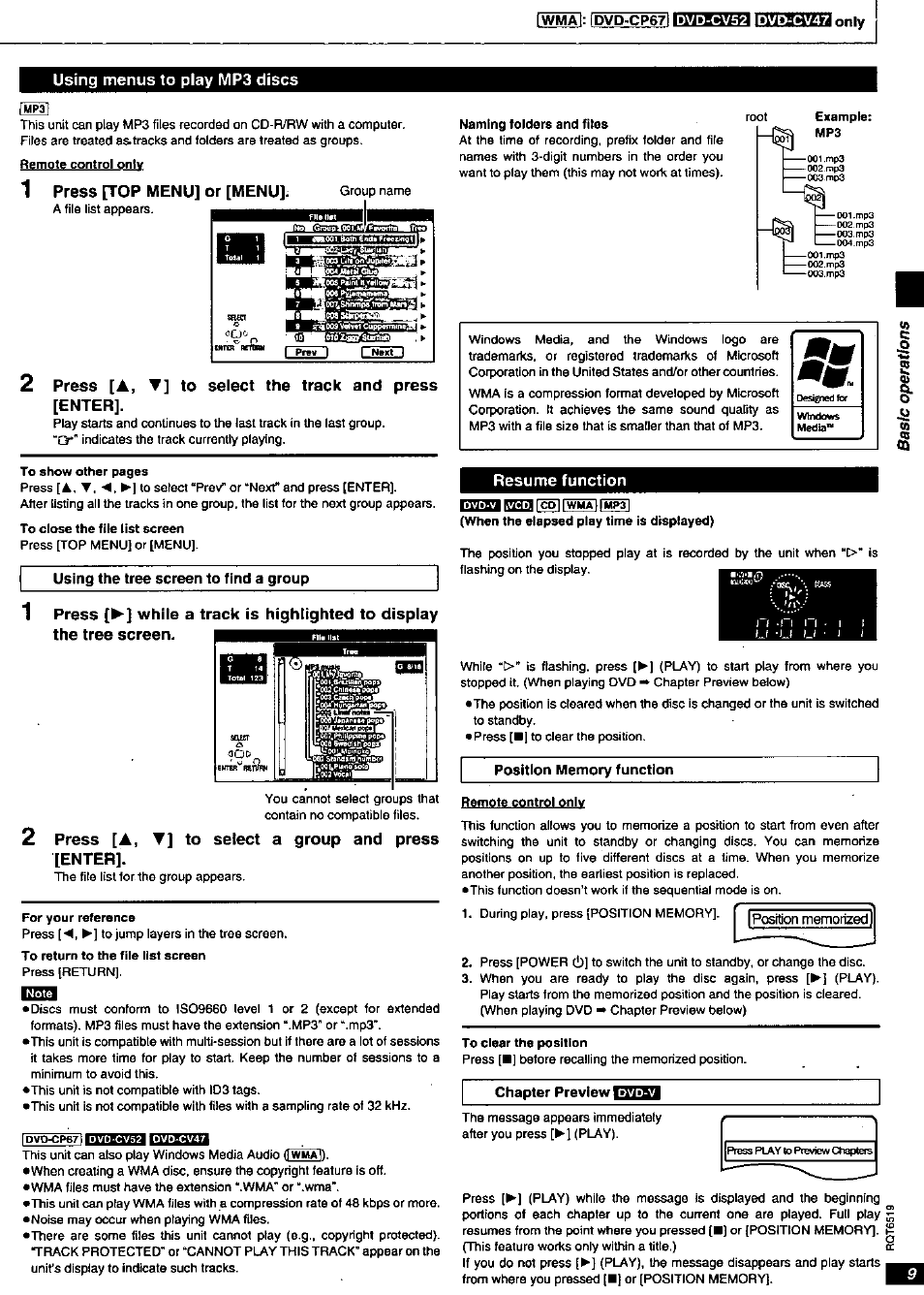 Using menus to play mp3 discs, 1 press [top menu] or [menu, Resume function | Using menus to play mp3 discs resume function, Press [top menu] or [menu, Press [a, ▼] to select the track and press [enter, Press [a, ▼] to select a group and press [enter | Panasonic dvd-cp67 User Manual | Page 9 / 24