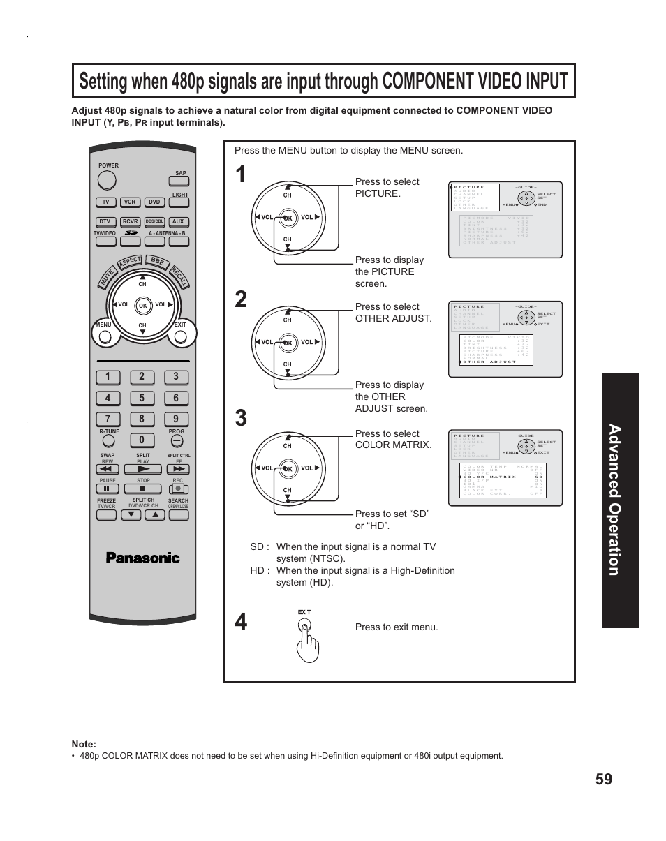 480p signal using component input, 59 advanced op eration | Panasonic PT-60LC14 User Manual | Page 59 / 95