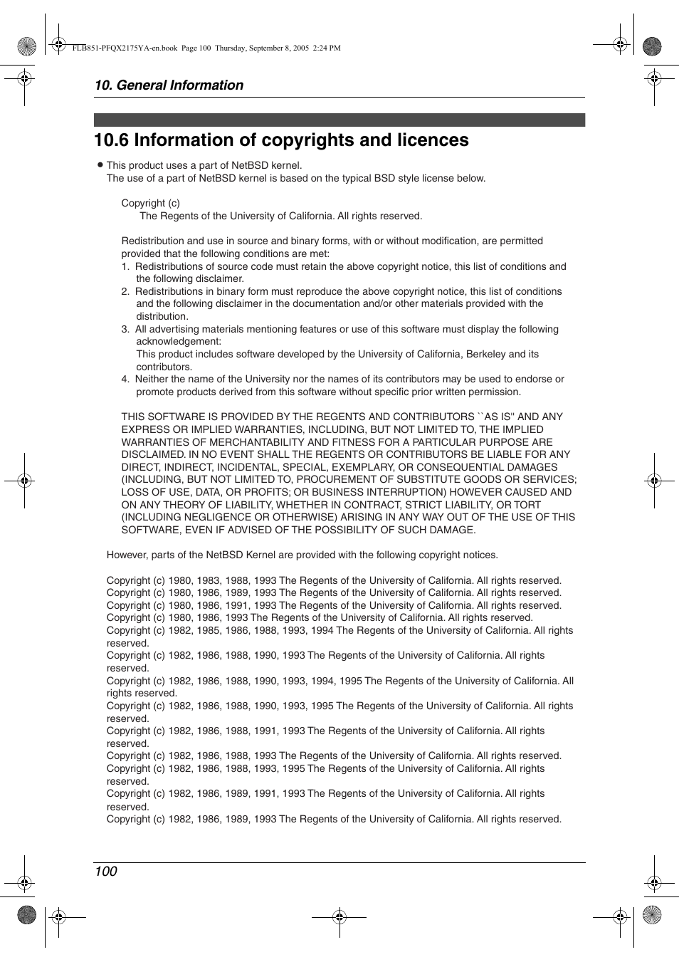 Copyrights, 6 information of copyrights and licences, Information of copyrights and | Licences, 6 information of copyrights and licences, General information 100 | Panasonic KX-FLB851 User Manual | Page 102 / 110