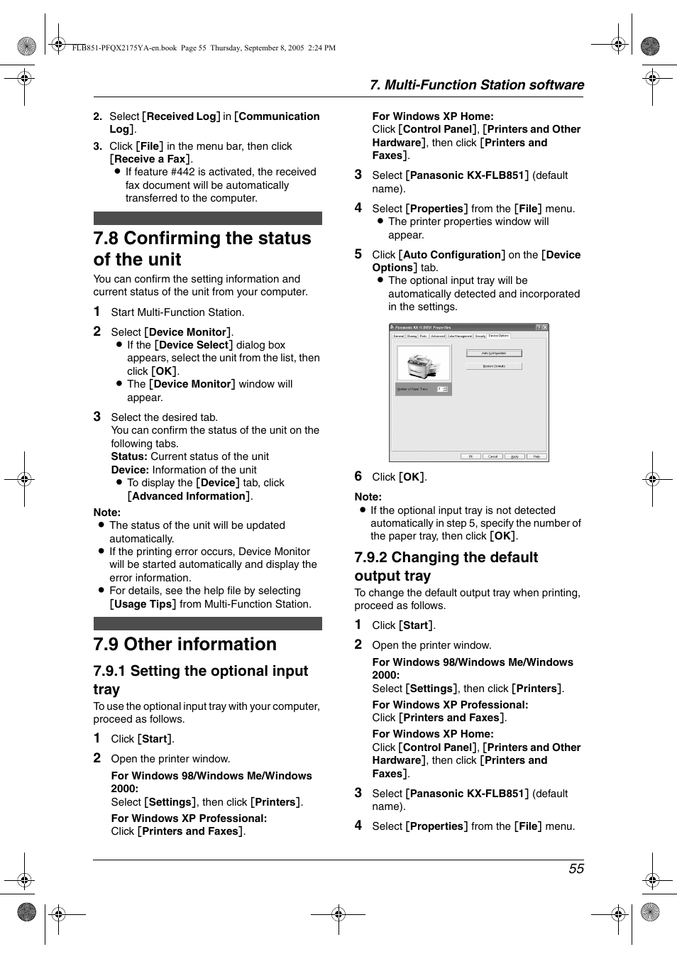 8 confirming the status of the unit, 9 other information, Confirming the status of the unit | Other information, 8 confirming the status of the unit, 9 other information, 1 setting the optional input tray, 2 changing the default output tray | Panasonic KX-FLB851 User Manual | Page 57 / 110