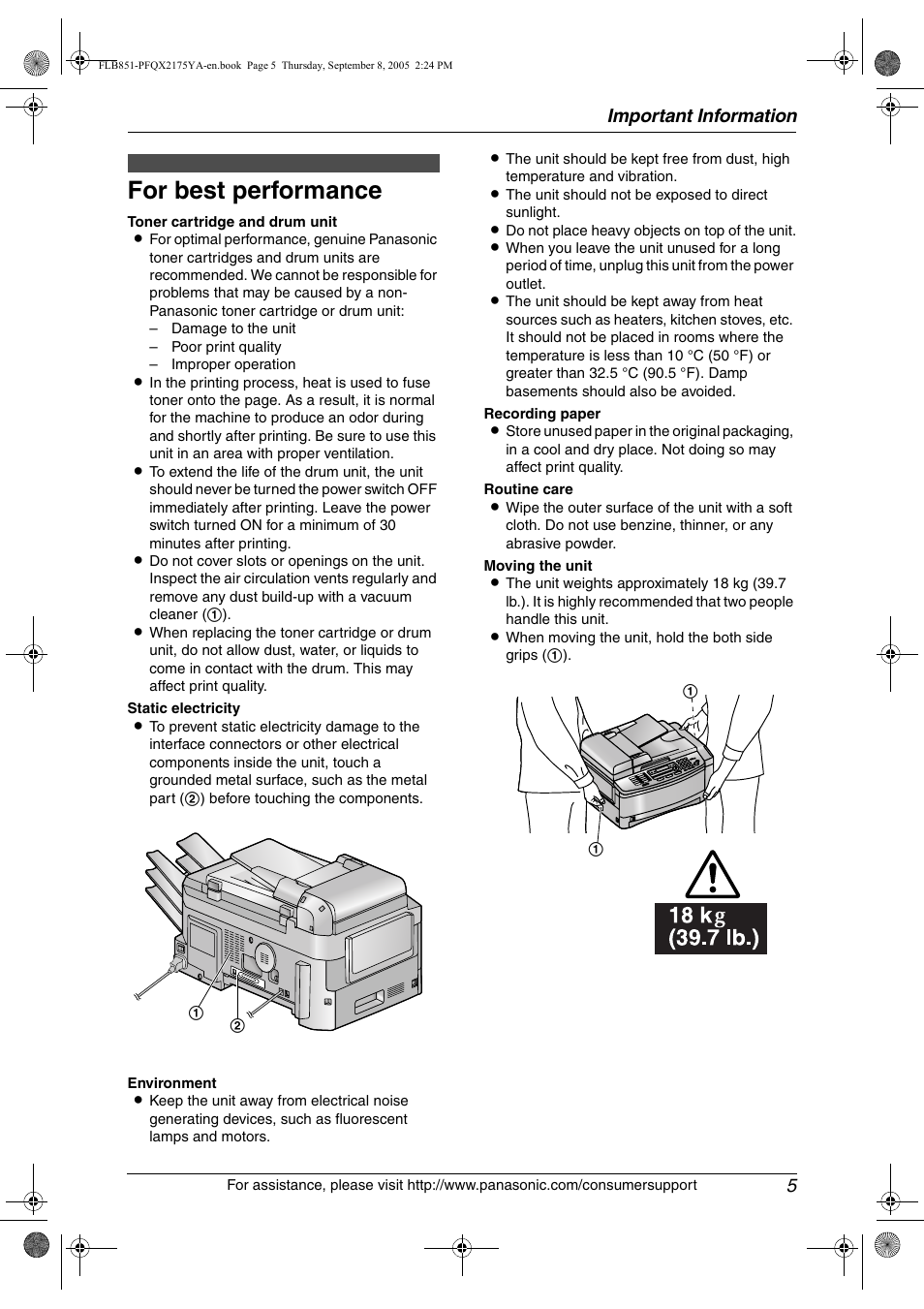 For best performance, Important information 5 | Panasonic KX-FLB851 User Manual | Page 7 / 110