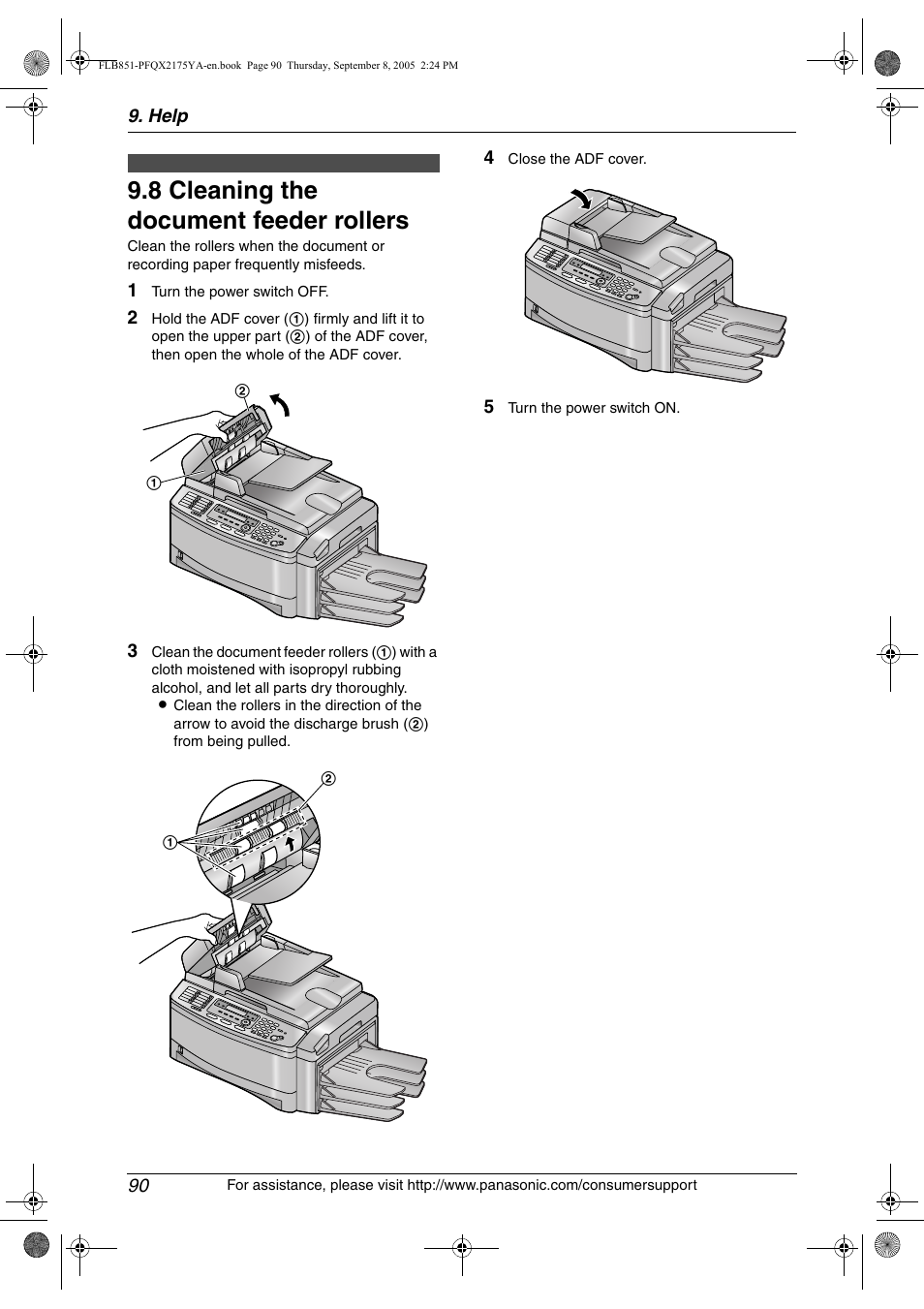 8 cleaning the document feeder rollers, Cleaning the document feeder rollers, 8 cleaning the document feeder rollers | Panasonic KX-FLB851 User Manual | Page 92 / 110