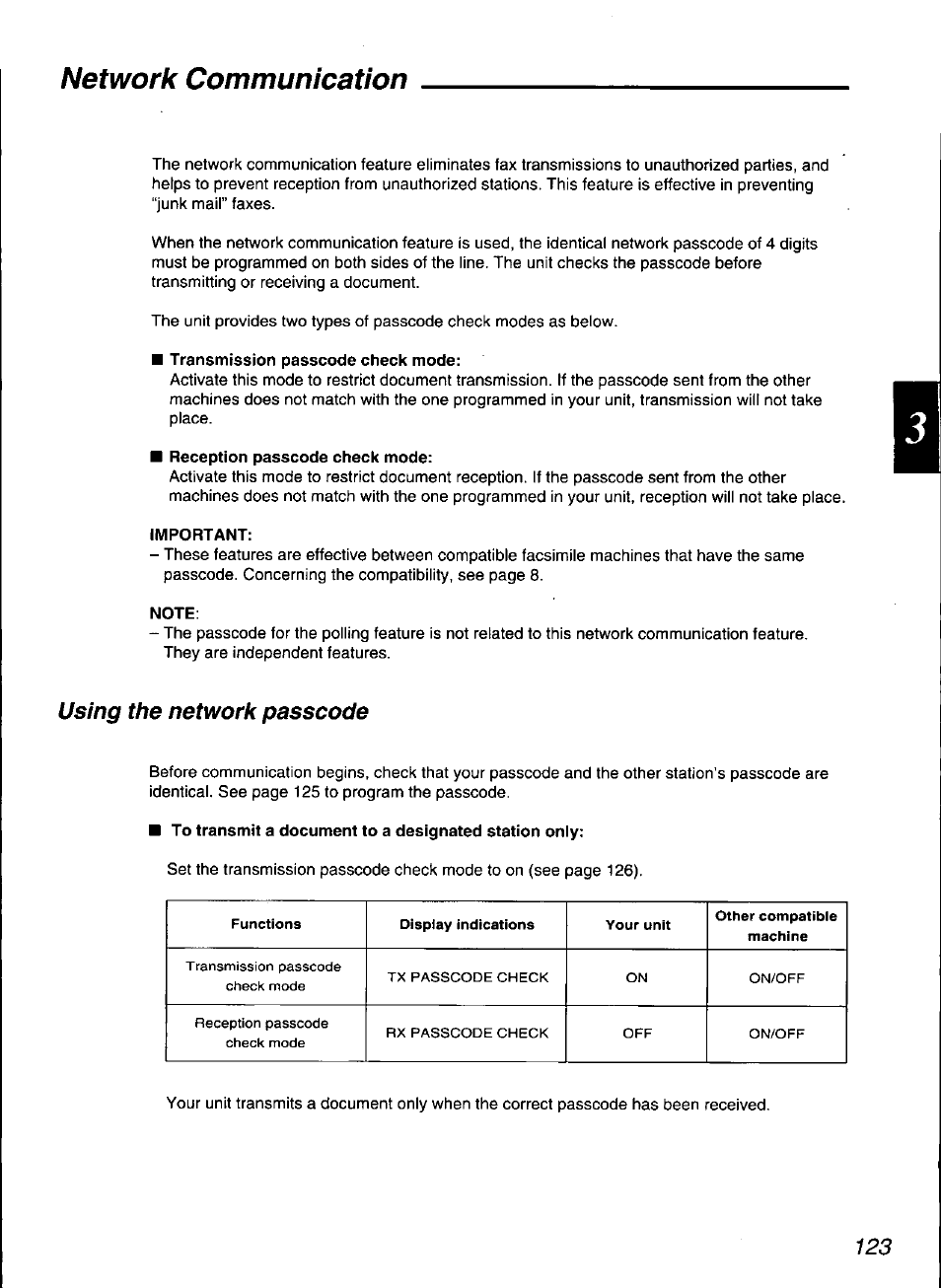 Transmission passcode check mode, Reception passcode check mode, Important | Note, Network communication, Using the network passcode | Panasonic KX-F3100 User Manual | Page 125 / 248