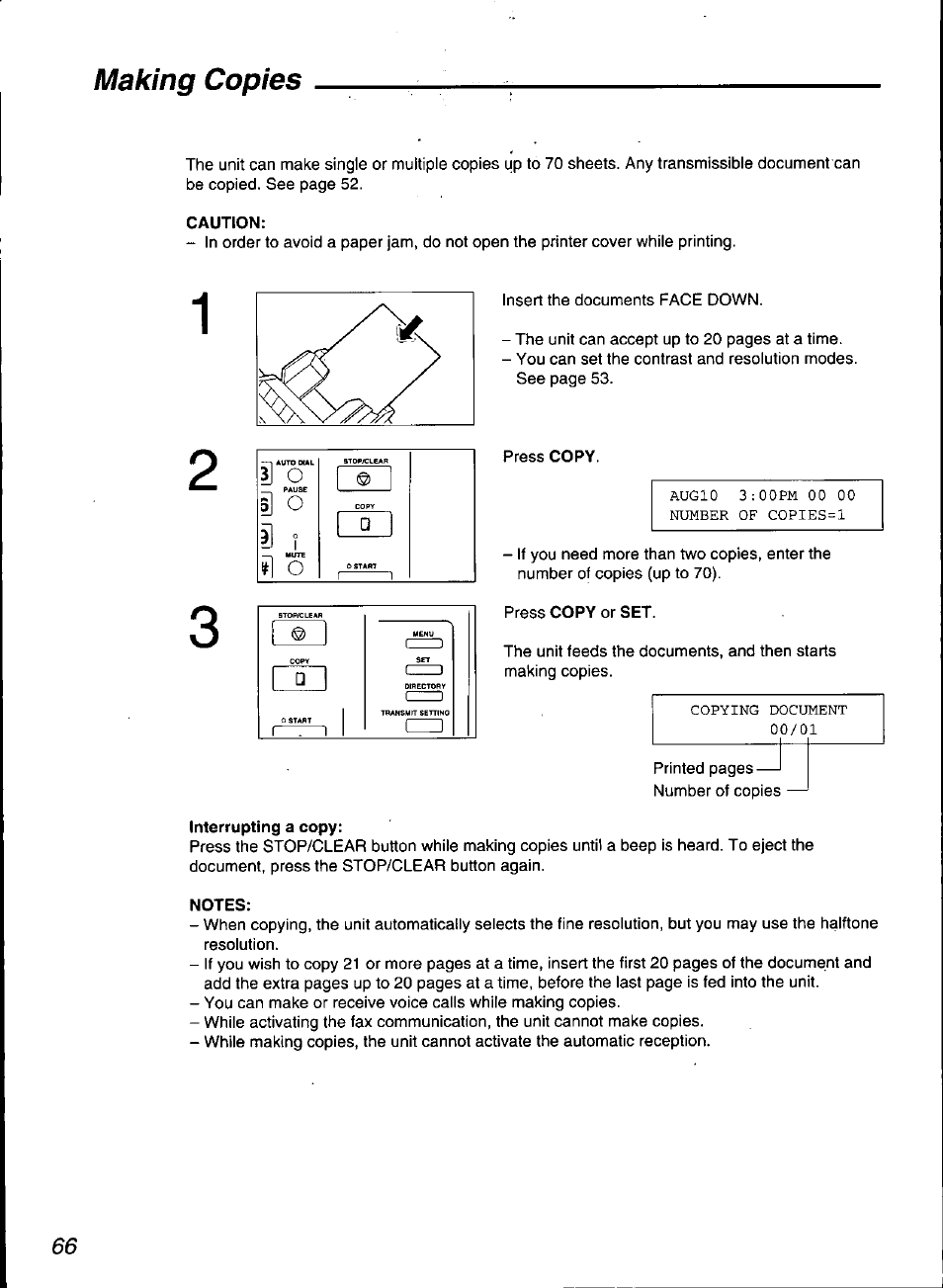 Caution, Interrupting a copy, Notes | Making copies | Panasonic KX-F3100 User Manual | Page 68 / 248