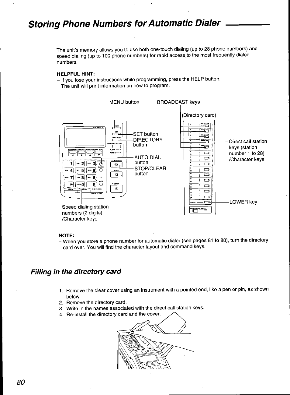 Helpful hint, Note, Storing phone numbers for automatic diaier | Fuung in the directory card, Cid powers, Ii~t| ed ehi, I~*^ s| i“'” 6|i o 'edée-esi i asaro i ® lì | Panasonic KX-F3100 User Manual | Page 82 / 248