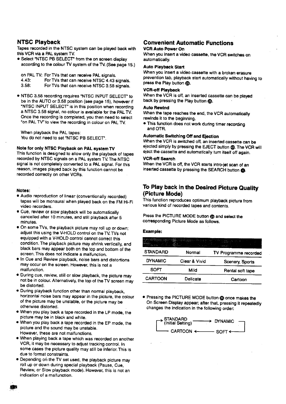 Ntsc playback, Note for only ntsc playback on pal system tv, Convenient automatic functions | Auto rewind, Notes, Example | Panasonic nv-sj400 User Manual | Page 18 / 34