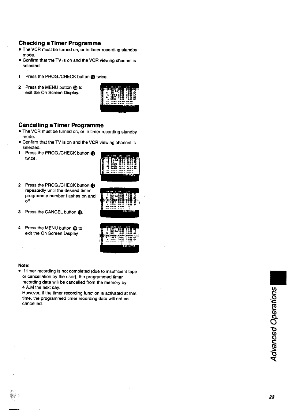 Checking a timer programme, Cancelling atimer programme, Note | Panasonic nv-sj400 User Manual | Page 23 / 34