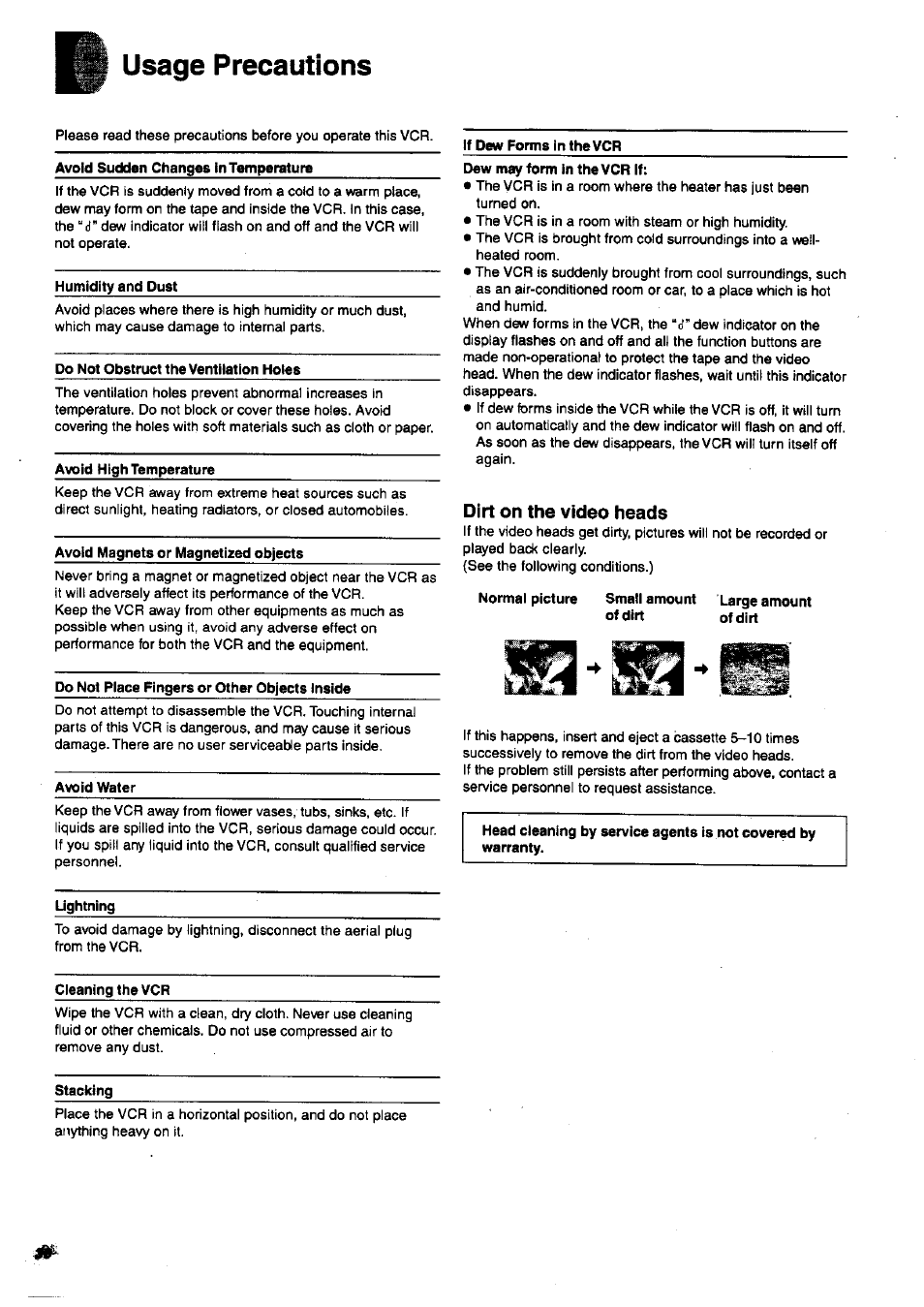 Usage precautions, Dirt on the video heads | Panasonic nv-sj400 User Manual | Page 30 / 34