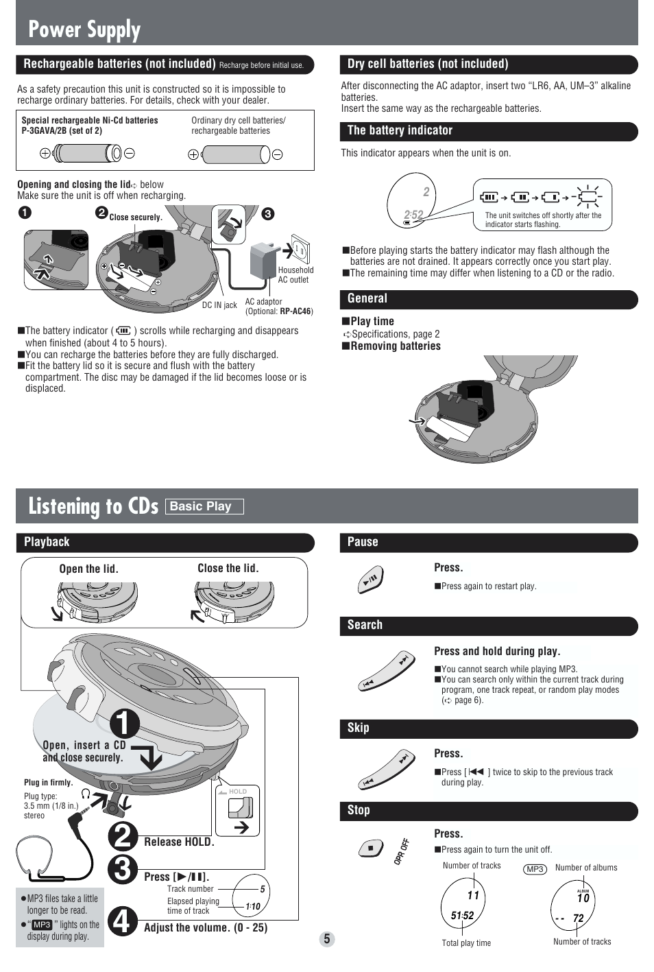 Listening to cds, Power supply | Panasonic SL-SW963VJ User Manual | Page 5 / 8