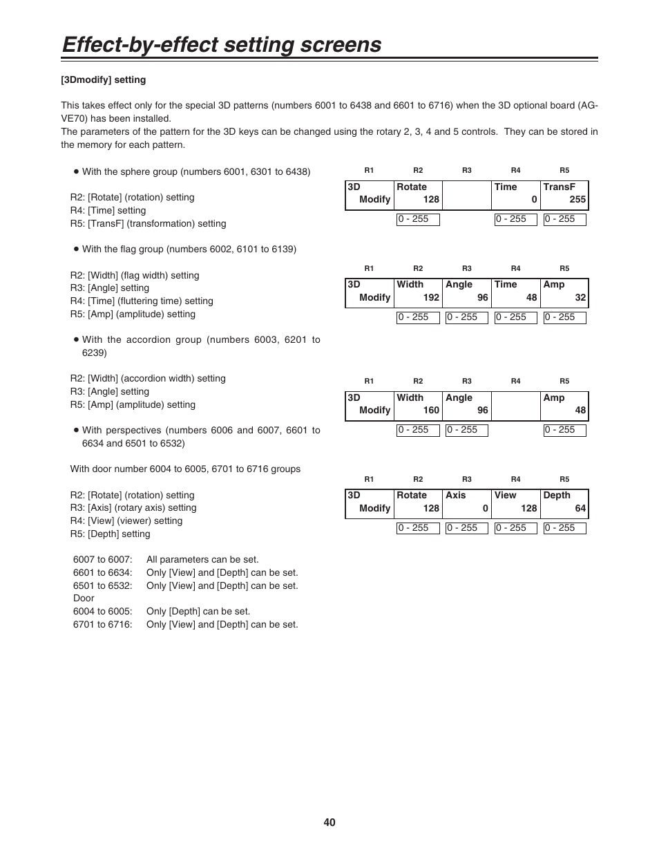 Effect-by-effect setting screens | Panasonic AG-MX70 User Manual | Page 40 / 102