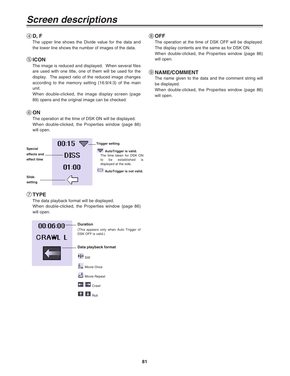 Screen descriptions | Panasonic AG-MX70 User Manual | Page 81 / 102