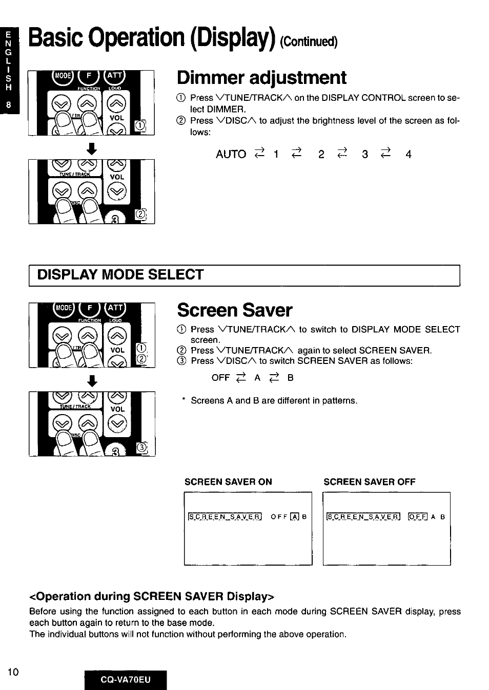 Dimmer adjustment, Display mode select, Screen saver | Operation during screen saver display, Basic operation (display) | Panasonic CQVA70EU User Manual | Page 10 / 44