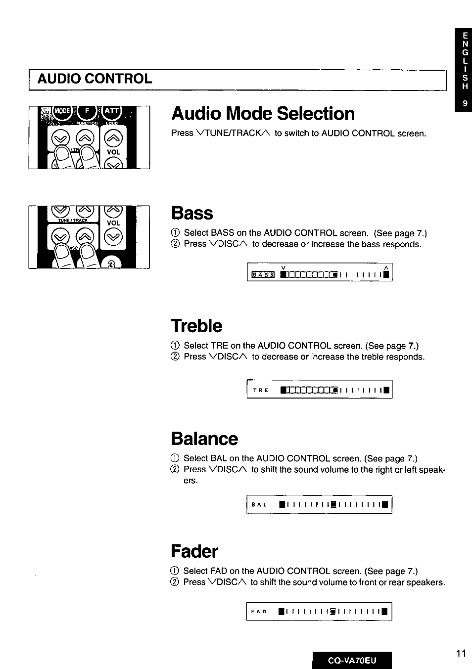 Audio control, Audio mode selection, Bass | Treble, Balance, Fader, Cq-va70eu | Panasonic CQVA70EU User Manual | Page 11 / 44