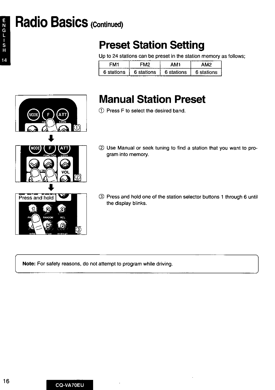 Radio basics (continued), Preset station setting, Manual station preset | Radio basics, Continued) | Panasonic CQVA70EU User Manual | Page 16 / 44