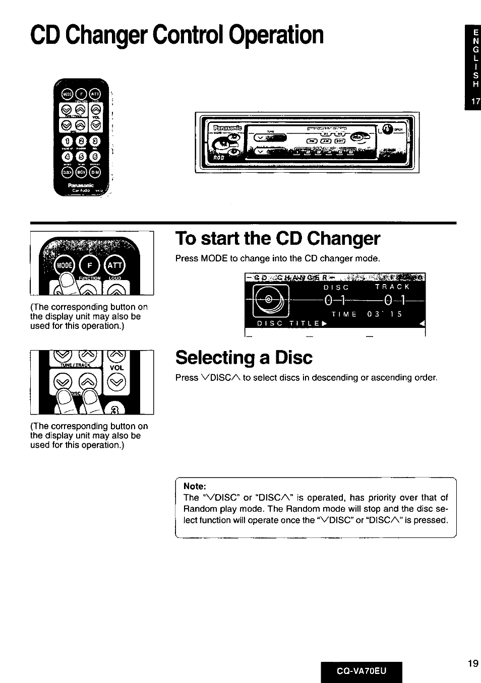 Cd changer control operation, To start the cd changer, Selecting a disc | Panasonic CQVA70EU User Manual | Page 19 / 44