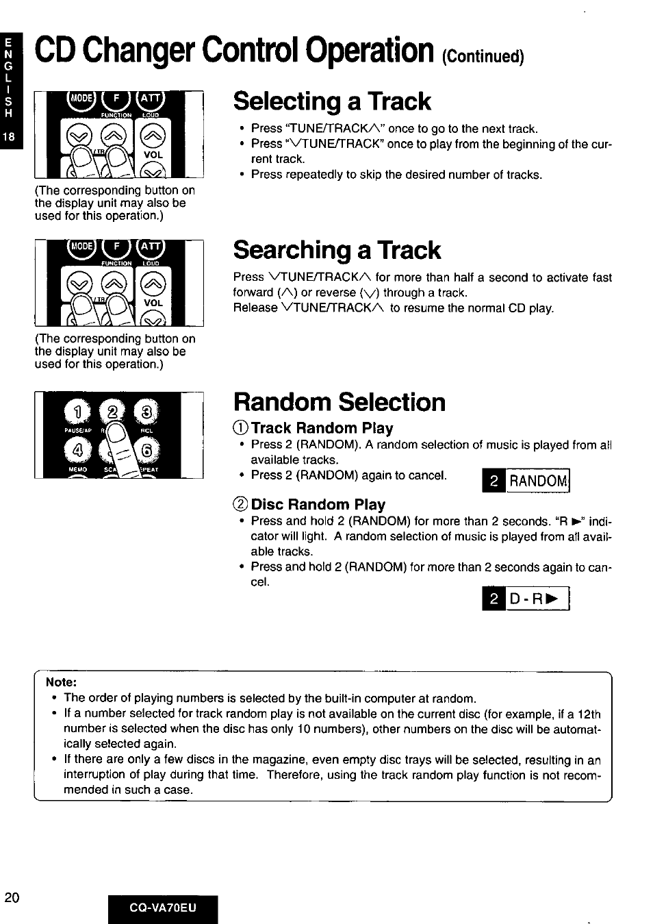 Cd changer control operation (continued), Selecting a track, Searching a track | Random selection, Track random play, Disc random play, Cd changer control operation, Continued) | Panasonic CQVA70EU User Manual | Page 20 / 44