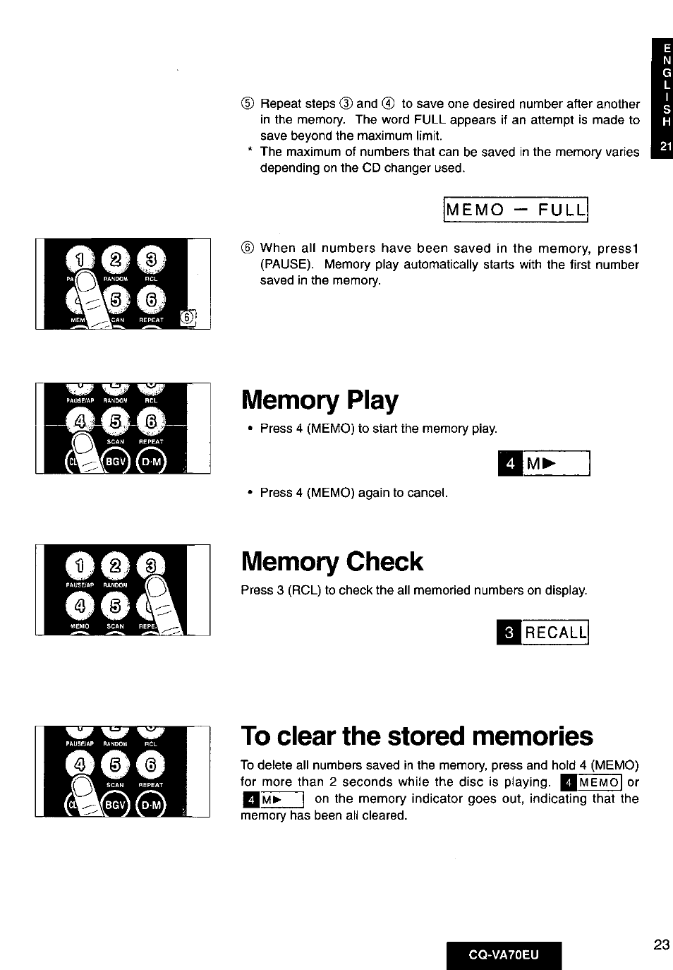 Memory play, Memory check, To clear the stored memories | R n m m, Cq-va70eu | Panasonic CQVA70EU User Manual | Page 23 / 44