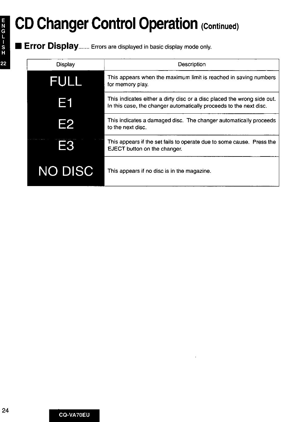 Cd changer control operation (continued), Full, No disc | Panasonic CQVA70EU User Manual | Page 24 / 44