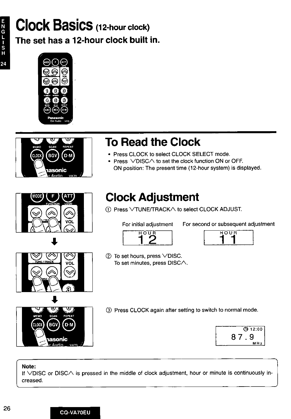 Clock basics (12-hour clock), The set has a 12-hour clock built in, To read the clock | Clock adjustment, Clock basics | Panasonic CQVA70EU User Manual | Page 26 / 44