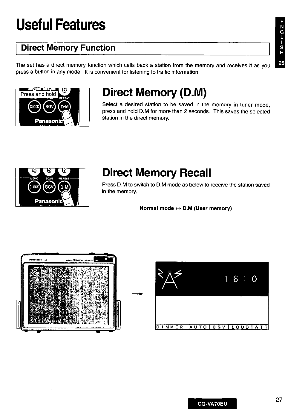 Useful features, Direct memory function, Direct memory (d.m) | Direct memory recall, Cq-va70eu | Panasonic CQVA70EU User Manual | Page 27 / 44