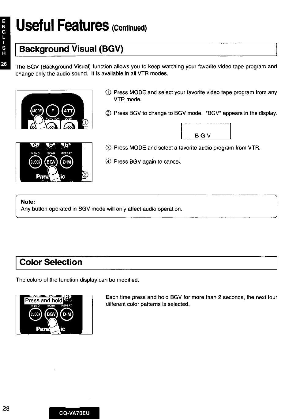 Useful features, Background visual (bgv), Color selection | Continued) | Panasonic CQVA70EU User Manual | Page 28 / 44