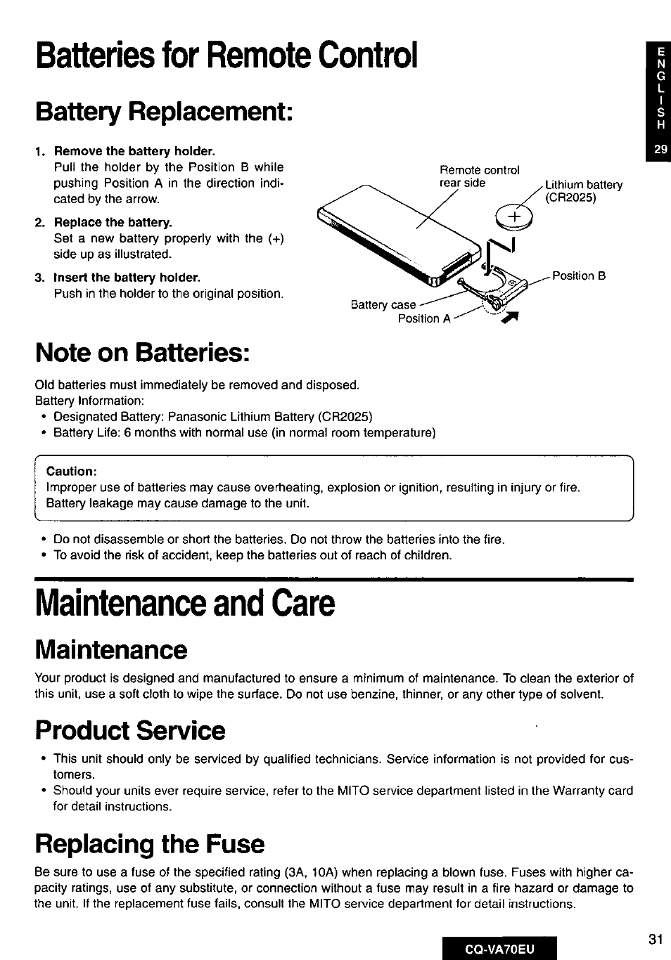 Batteries for remote control, Battery replacement, Note on batteries | Maintenance and care, Maintenance, Product service, Replacing the fuse | Panasonic CQVA70EU User Manual | Page 31 / 44