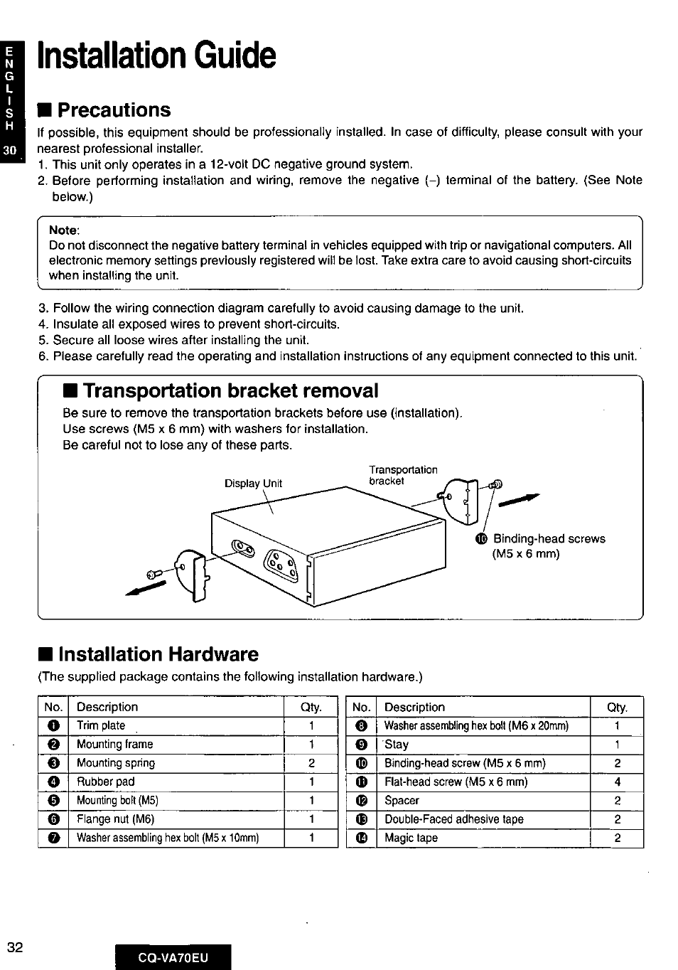 Installation guide, Precautions, Transportation bracket removal | Installation hardware, Cq-va70eu | Panasonic CQVA70EU User Manual | Page 32 / 44