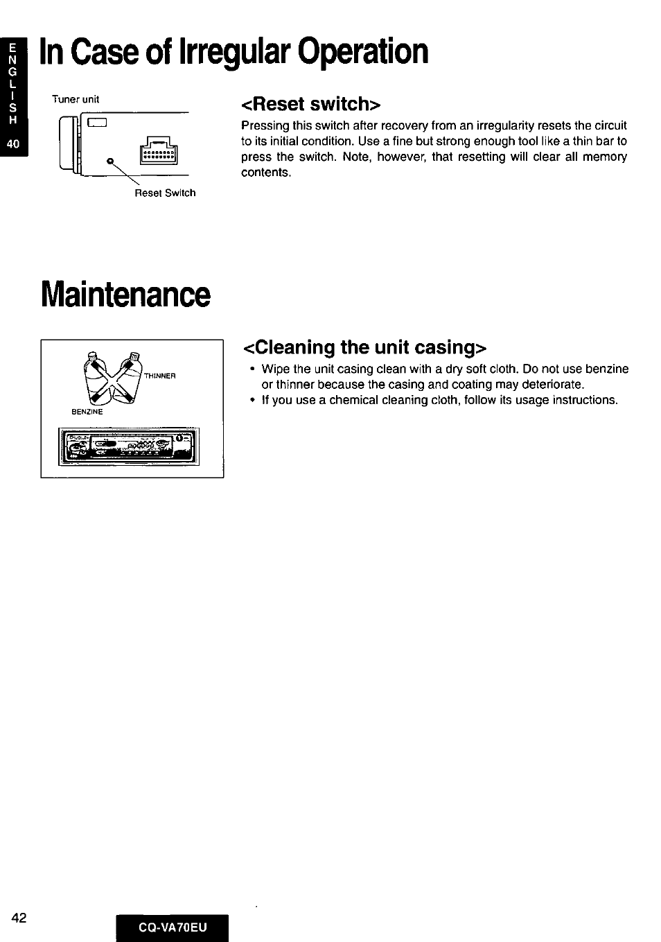 In case of irregular operation, Reset switch, Maintenance | Cleaning the unit casing | Panasonic CQVA70EU User Manual | Page 42 / 44